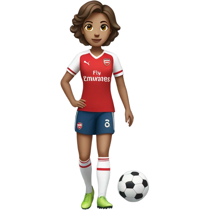 Pretty woman in Arsenal jersey with short brown hair kicking a soccer ball emoji