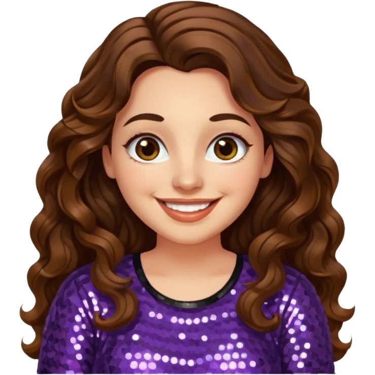 30 yr old italian woman, long brown wavy hair, big brown eyes, huge smile, sequin shirt, no bangs, a bit chubby emoji