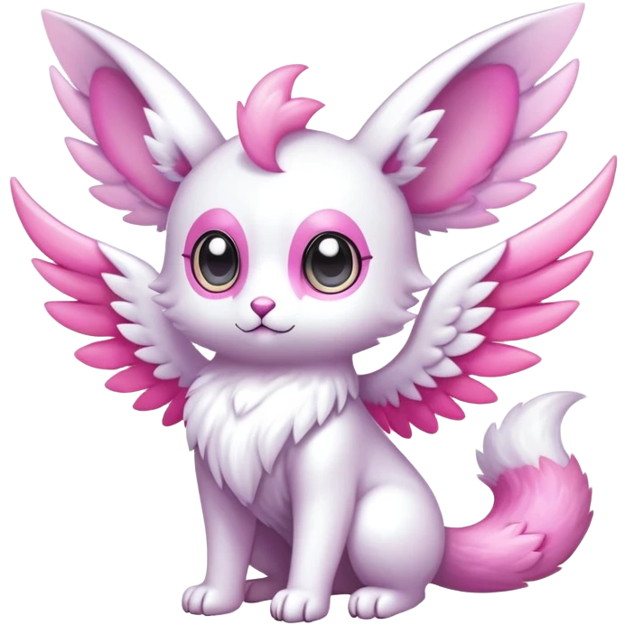 Shiny epic glittery iridescent divine white gold pink animal-fakemon-creature with head-ear-wings, cute, adorable, big eyes, fluffy tail emoji
