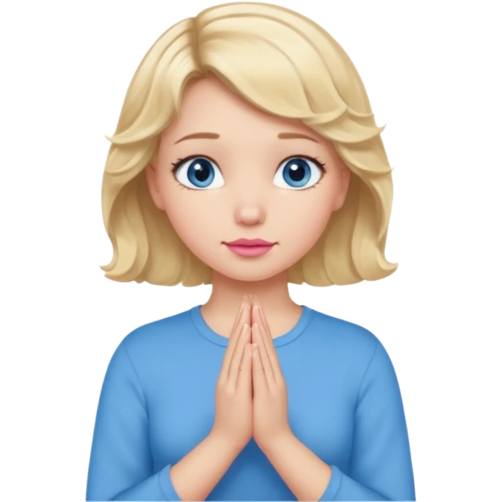 Girl Blonde short wavy hair,  blue eyes, cute blue top, long lashes, pink lips, praying hands emoji