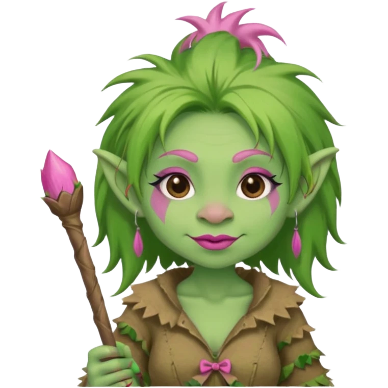 A green troll with green hair and brown and tan raggedy clothes on holding a brown stick with pink lipstick, long eyelashes and pink nails emoji