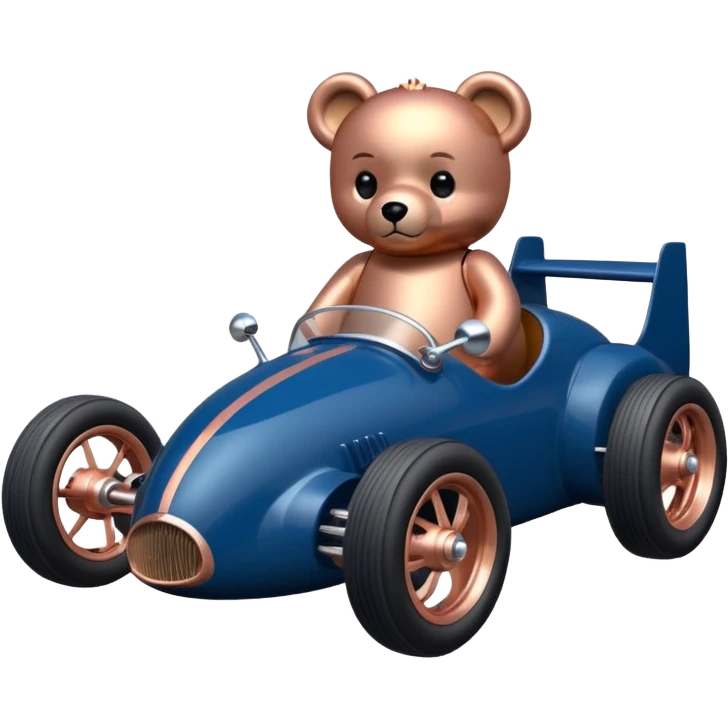 dark blue and rosegold-accented  retro racing car driven by a small evil scary teddy bear with rear spoiler and wheely bar emoji