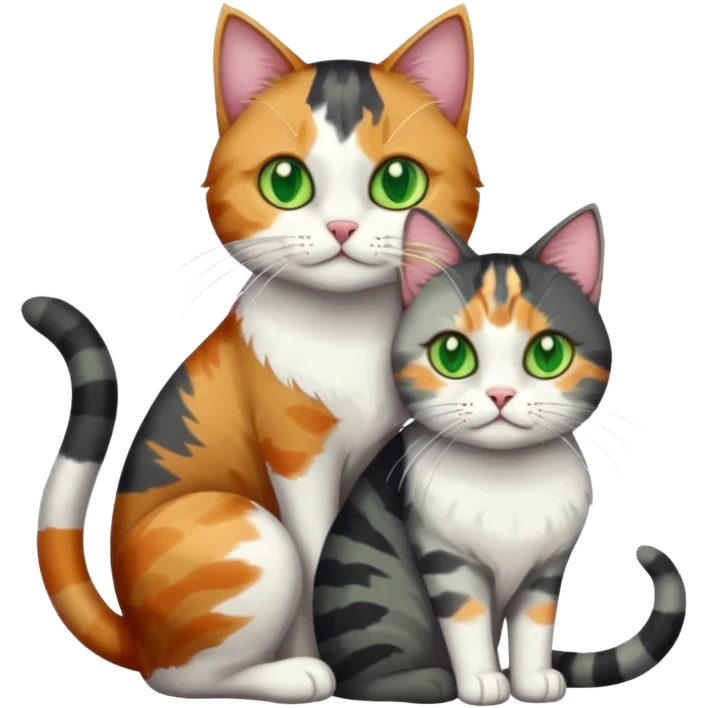 full body colourful light patched calico + white tabby cat cuddling a big dark grey and white tabby cat  emoji