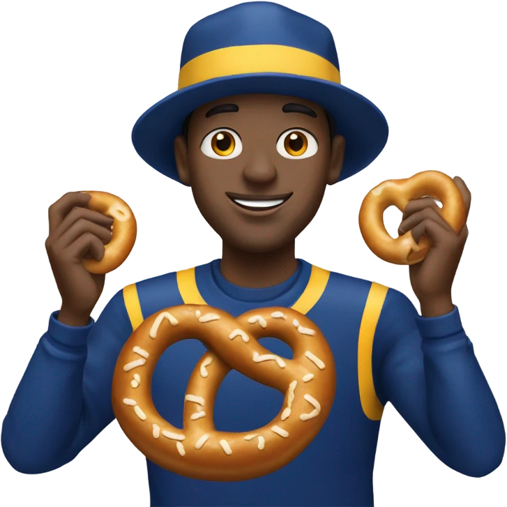 wearing a la rams hat, holding a pretzel emoji