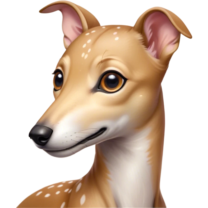 Cinematic Cute Fawn Greyhound Portrait Emoji, Head tilted playfully and inquisitively, featuring a sleek fawn Fur with a gentle sheen, round, sparkling eyes filled with curiosity, Simplified yet irresistibly adorable features, highly detailed, glowing with a warm, friendly glow, high shine, affectionate and nimble, stylized with a touch of whimsy, bright and endearing, soft glowing outline, capturing the essence of a mischievous yet loving racer, so playful it feels like it could sprint out of the screen and into your arms! emoji