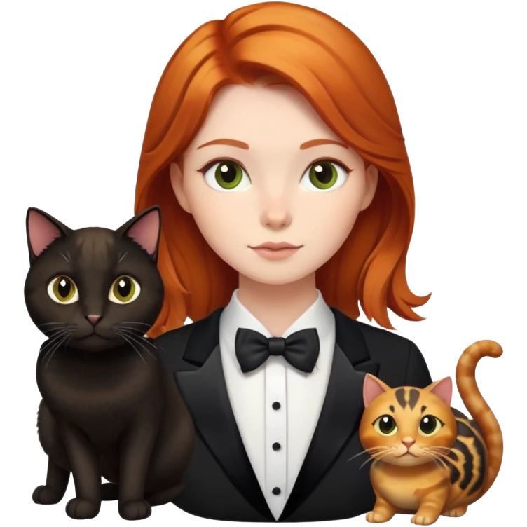 Ginger-haired girl and black cat, tuxedo cat and tortoise cat emoji