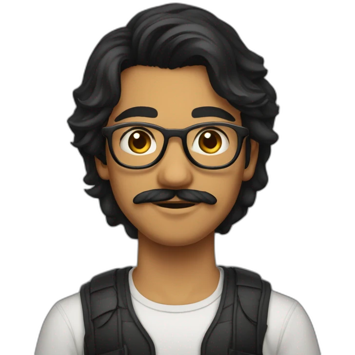 Indian teenager, with moustache and a goatee, with long wavy black hair,jawline, wearing glasses emoji