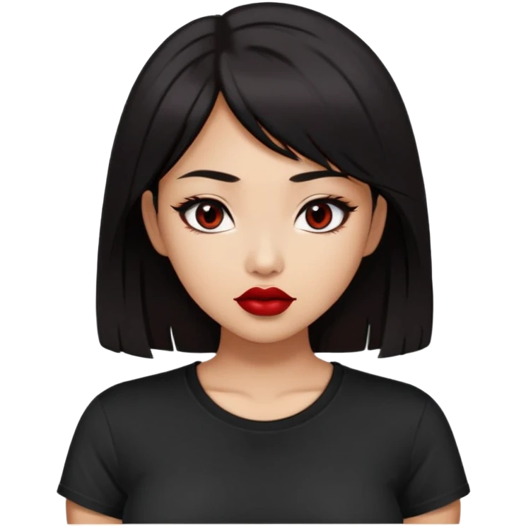 Dark haired Asian looking girl with dark eyes wearing a black t-shirt and large breasts. Lips with dark red lipstick
 emoji