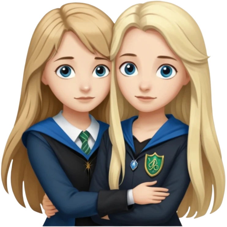 a pretty ravenclaw girl with long brown hair and blue eyes standing with a hot Slytherin girl with long blonde hair, blue eyes emoji