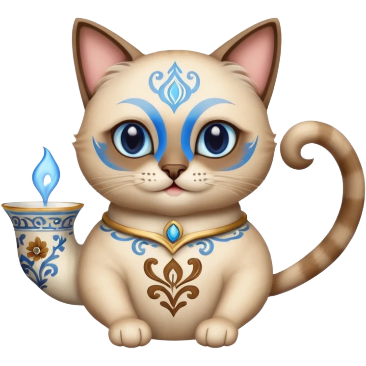 Happy Siamese cat holding an ornate tea cup between its front two paws emoji