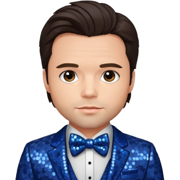 Sebastian Stan with dark brown hair, indigo sequin suit with bow tie emoji