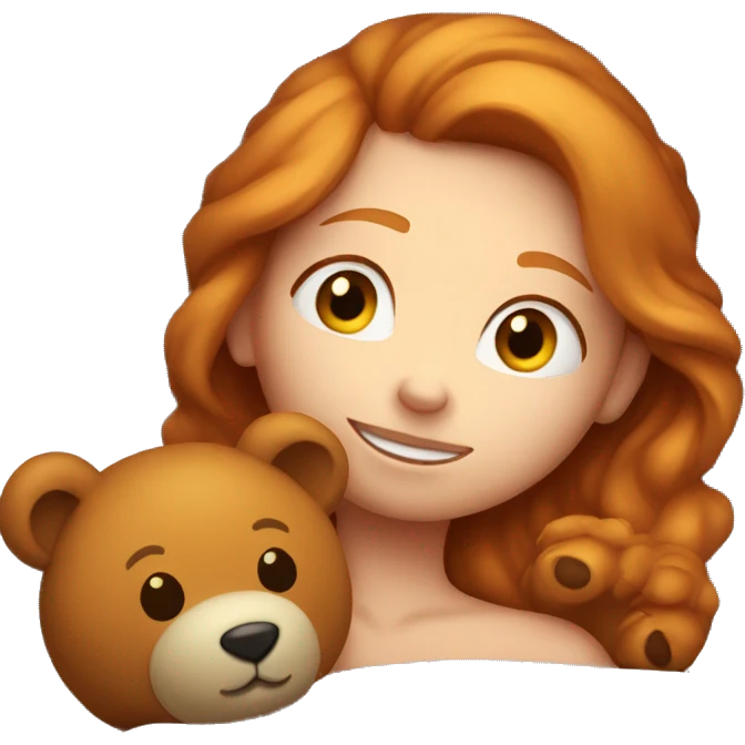Ginger girl laying with teddy bear in bed emoji