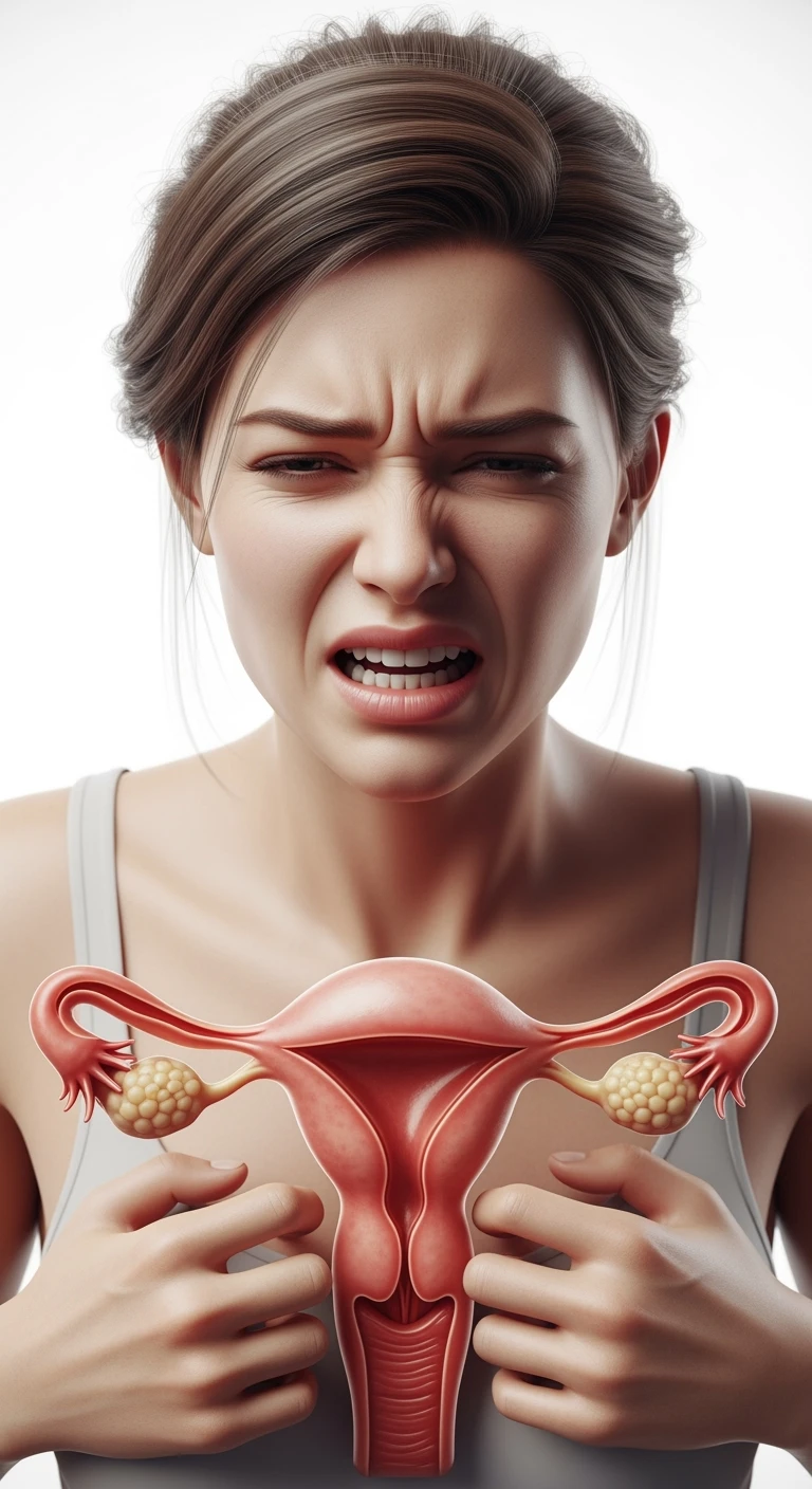 donna con utero umano realistico in evidenza dolorante, espressione di dolore in volto, sfondo bianco, non farla computerizzata, ma iperrealistica 4k emoji