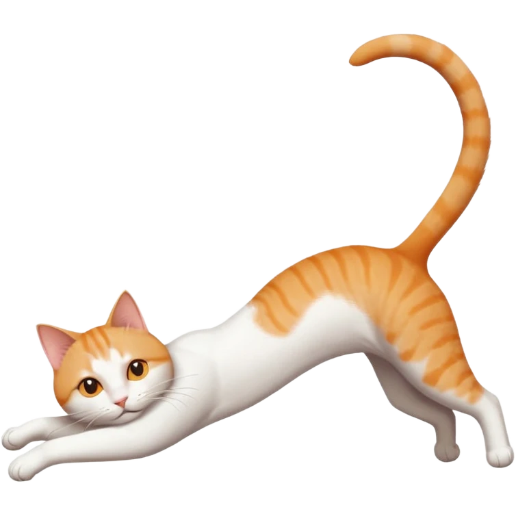 ginger and white cat with orange eyes doing a big extremely long stretch reaching up into the air with arms and legs side by side together straight and overextended whilst lying on its side emoji