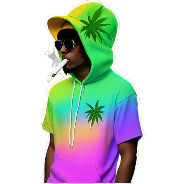 Hemp leaves Multicoloured neon person smoking wearing hoodie dancing hip hop bucket hat tropical Skater fashion aesthetic baggy clothes graphic t shirt 420 emoji