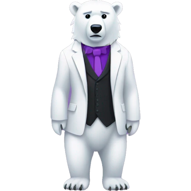 knarfy the polar bear in a black suit with a purple shirt under it on a squar plane with pixels. emoji