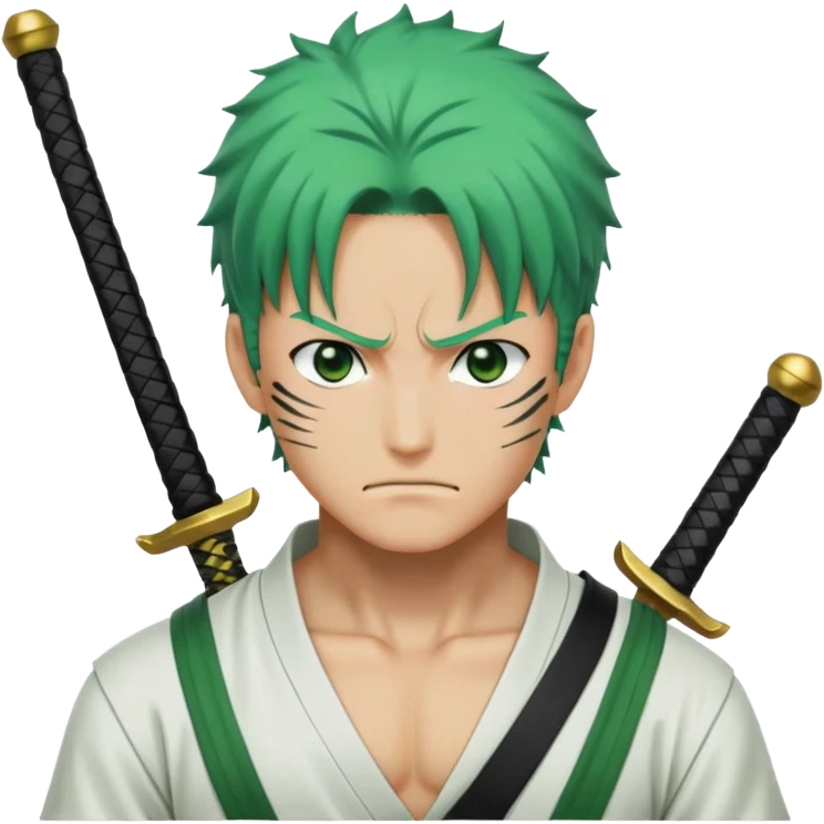 Roronoa Zoro with green hair, three swords, white shirt, green haramaki emoji