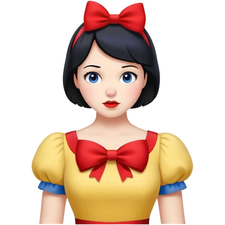 Snow White from hips up, blue and yellow dress, short black hair with red bow, minimal style, larger size emoji