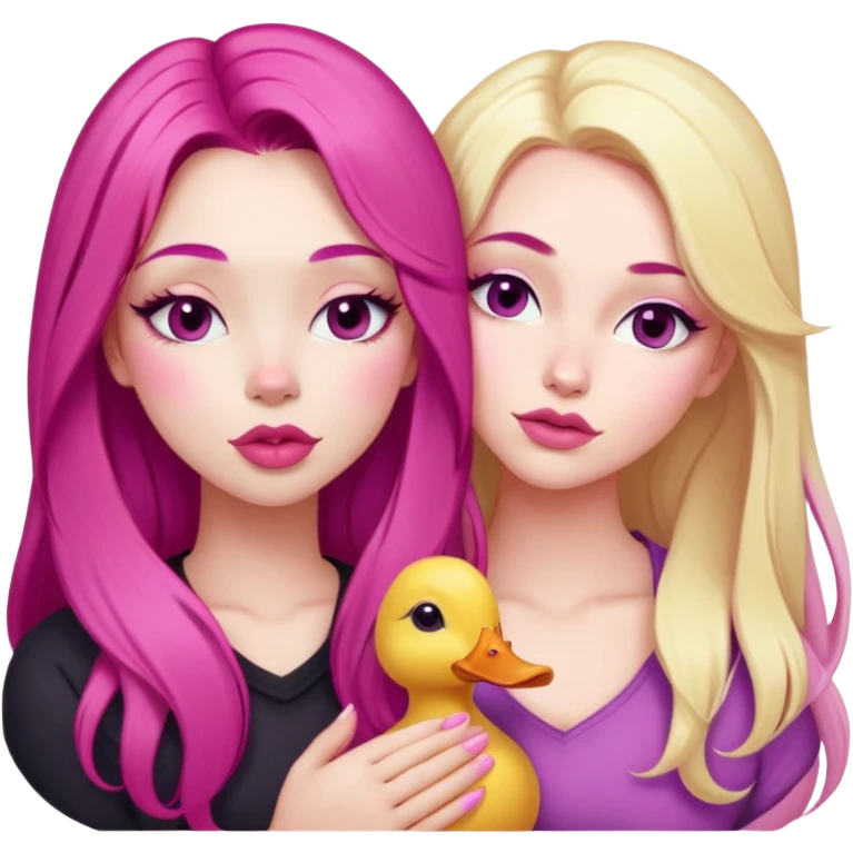 gorgeous pale girl with long magenta pink hair latina makeup next to a gorgeous girl with blonde hair eyes closed making a duck lips face and a light pink heart above them  emoji