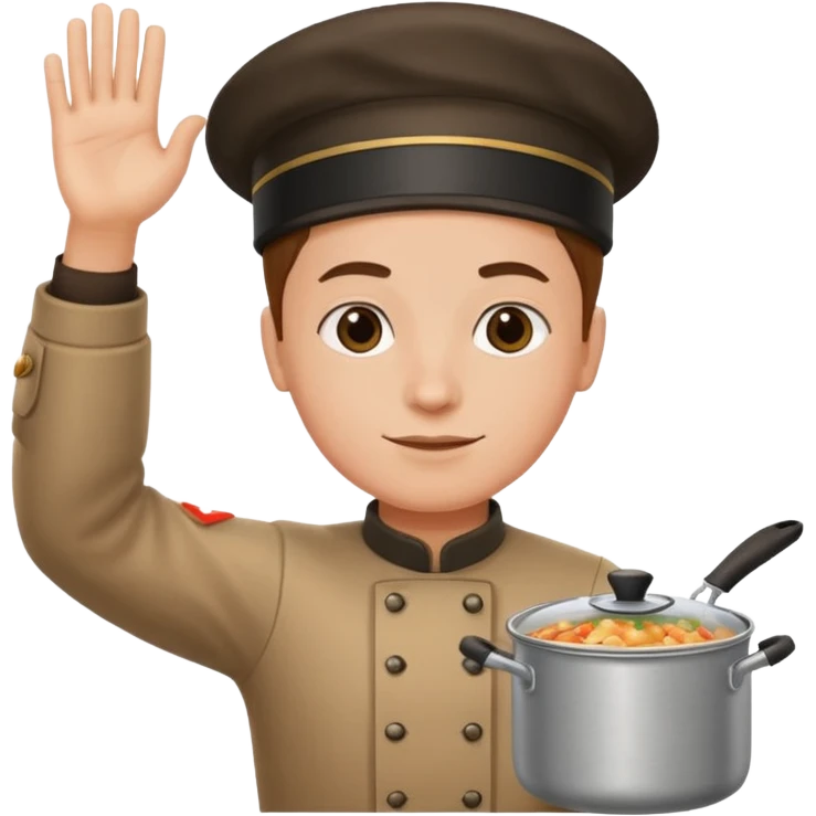 one hand needs to be saluting so right arm saluting , left arm holding cooking item emoji