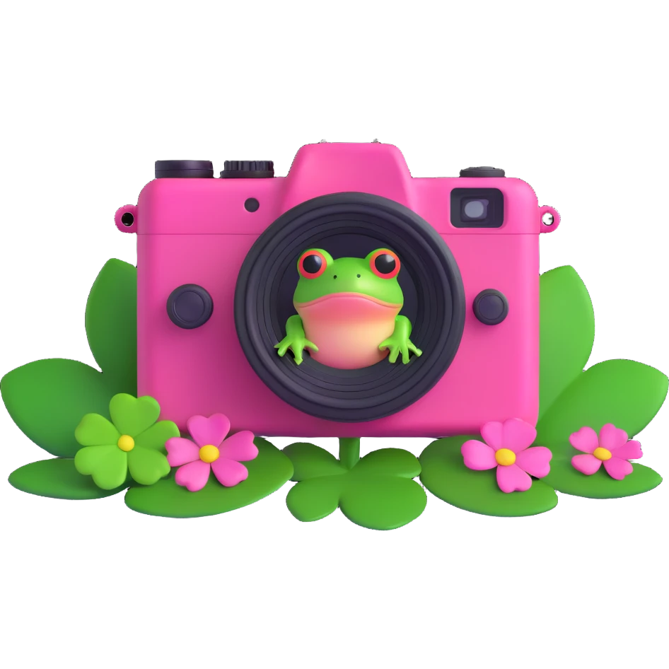 A pink camera with a frog on the screen and clovers around, 3D iOS style, vibrant pink camera with green frog and clovers, variation 1 emoji