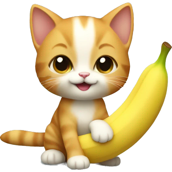 A small very cute kitten with ginger fur holding a huge banana. emoji