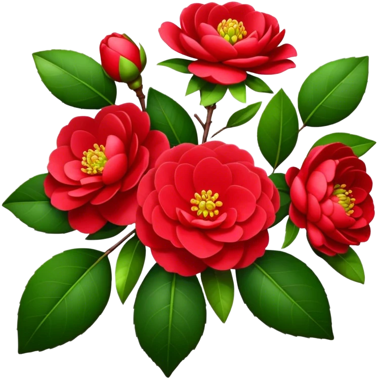 bouquet Red Camellia, luxuriant, stem, leaf, bud emoji