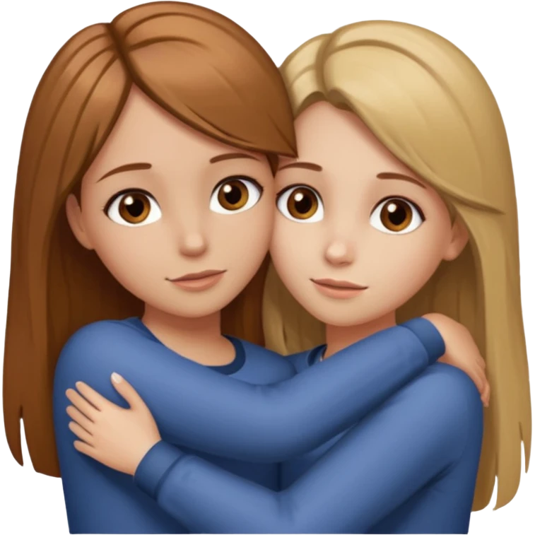 Two girls are hugging. One has dirty blonde hair with a little reddish in it. She has also grey eyes. Her hair is long and straight. The other girl has dark brown hair with hazel eyes emoji