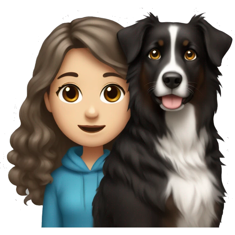 girl with brown hair blue eyes holding black australian shepard emoji
