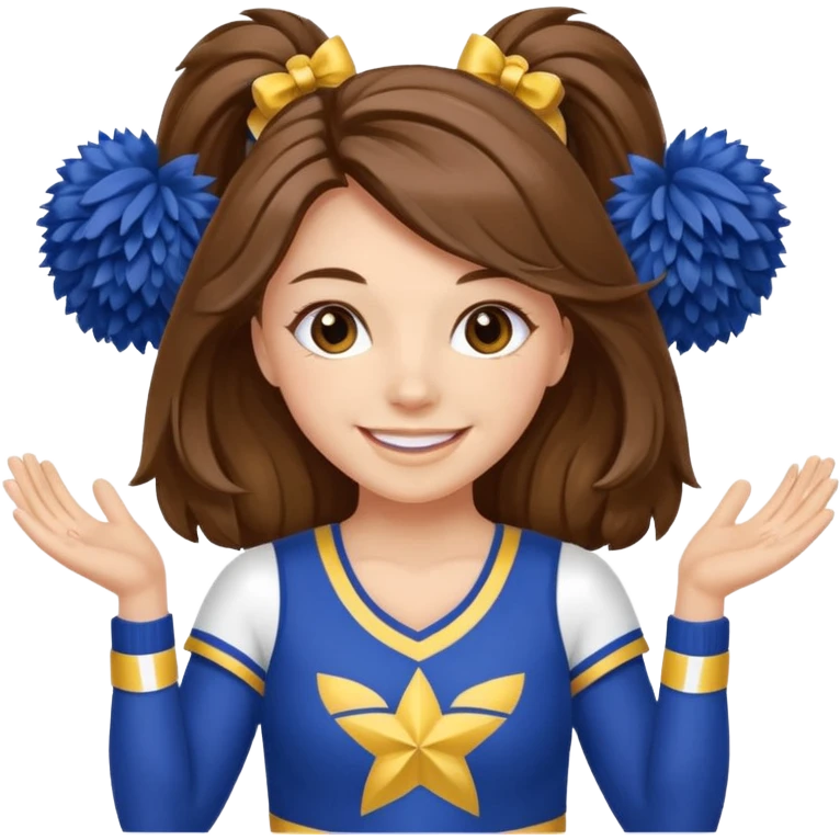 cheerleader with long brown hair and 2 pom poms blue and gold in each hand emoji