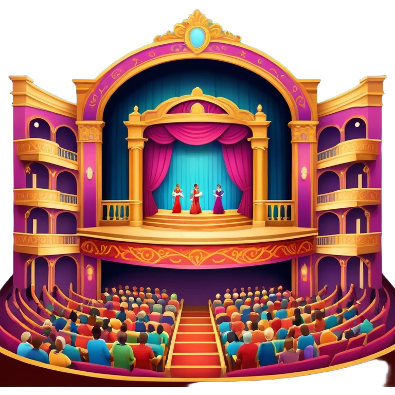 An icon showing a grand theater stage with actors performing in a vibrant play, surrounded by dramatic lighting. The audience watches from colorful balconies, adding to the lively atmosphere. The design captures the magic of live theater, set against a transparent background. emoji