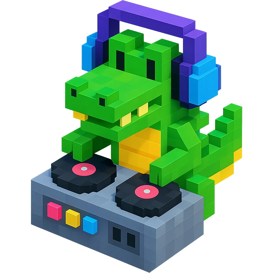 voxel style crocodile DJ with headphones and turntable, isometric view emoji