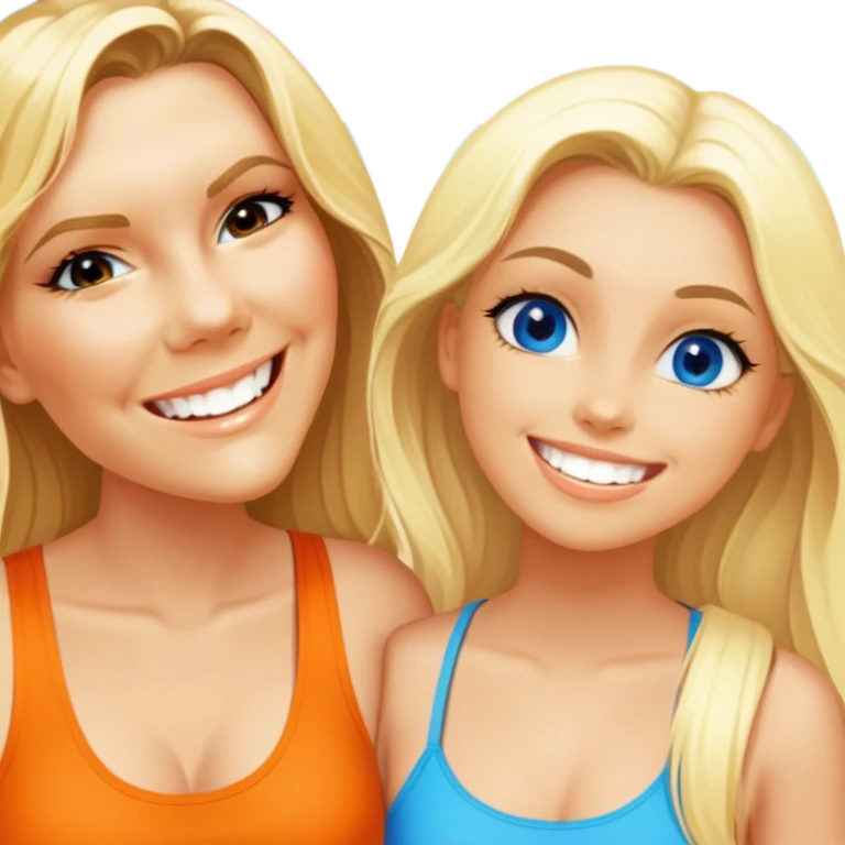 Two girls both have long blonde hair standing cheek to cheek on a beach with one girl wearing an orange shirt and the second girl wearing a tank top both have bright white teeth and smiling both have beautiful blue colored eyes emoji