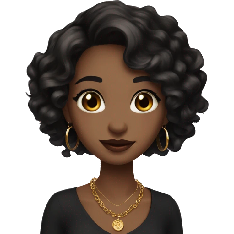 beautiful girl, hazel eyes, shoulder length medium black wavy hair, small rosy lips, hoop earrings and small gold necklace  emoji
