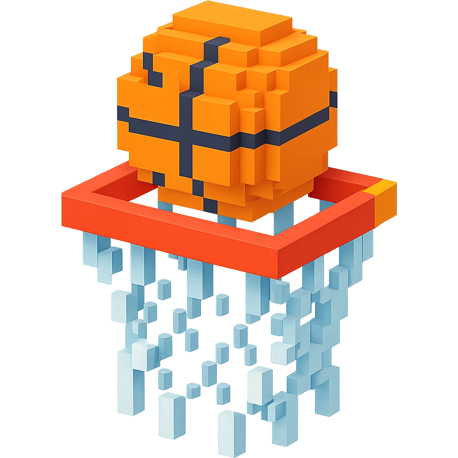 Voxel-style basketball in a net, variation 3 emoji