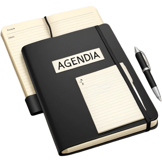 A classic black Moleskine notebook open to show a page with 'AGENDA' written at the top and meeting items listed below with bullet points emoji