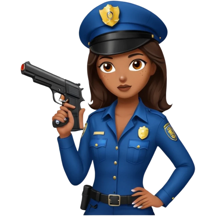A sexy girl. with caramel skin. Dark brown hair and brown eyes. She has freckles. Wearing sexy makeup. Dressed as a sexy cop. Wearing heels. Holding a gun emoji