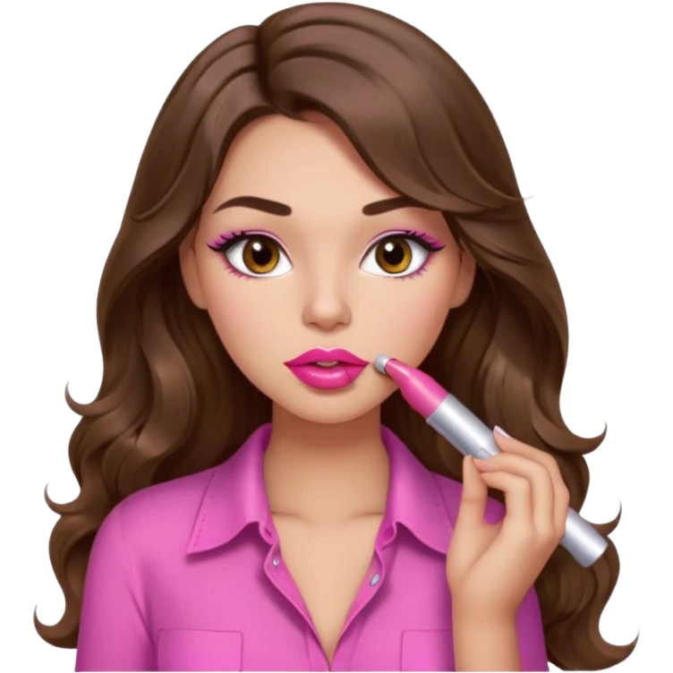 girl with long wavy brown hair, brown eyes, light to medium complexion, in a pink sexy shirt, pink lips, long lashes, puckered lips, putting on lipstick emoji