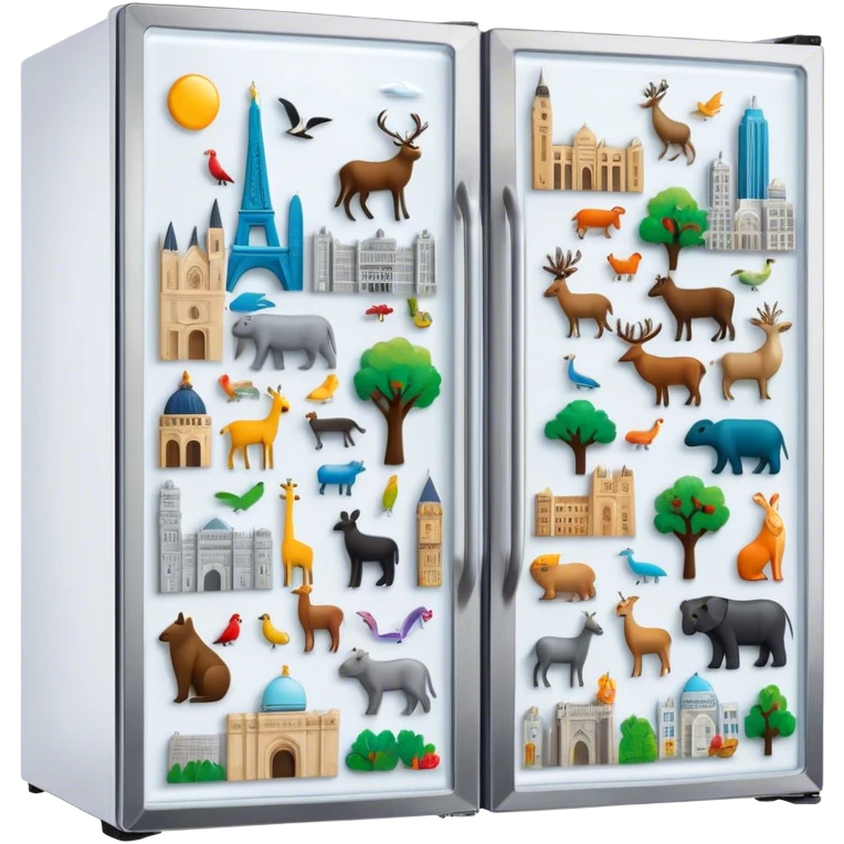 Icon for Magnet Collecting: a close-up of a fridge door covered with a variety of magnets, featuring cities, animals, symbols. The icon should highlight the diversity and charm of magnet collections. Transparent background. emoji