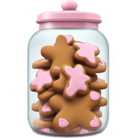 Realistic glass cookie jar with light pink lid full of gingerbread cookies isolated.  emoji