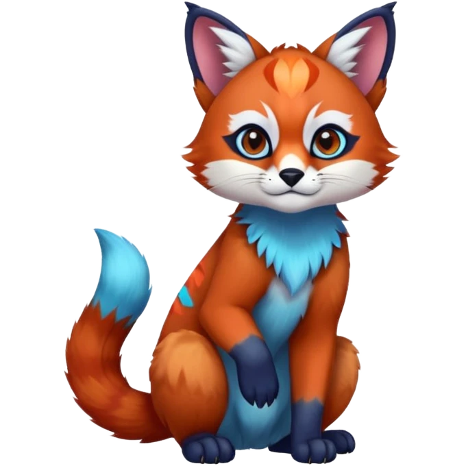 Colorful tropical blue exotic cute cool beautiful shiny beautiful fantasy-caracal-Cacomistle-Trico-Red-Panda-oncilla-animal-Fakémon-hybrid-fursona (full body) emoji
