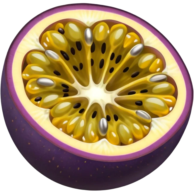 passion fruit, purple outer skin with yellow juicy flesh and black seeds emoji