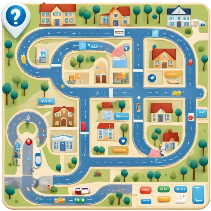 Game board named Journey of Type 1 diabetes and Aging.  Landing spots for hospital, a house, senior residential, advocacy, physical changes, coping skills, knowledge. Subtext: Aging with Type 1 Diabetes, large enough to read for seniors  emoji