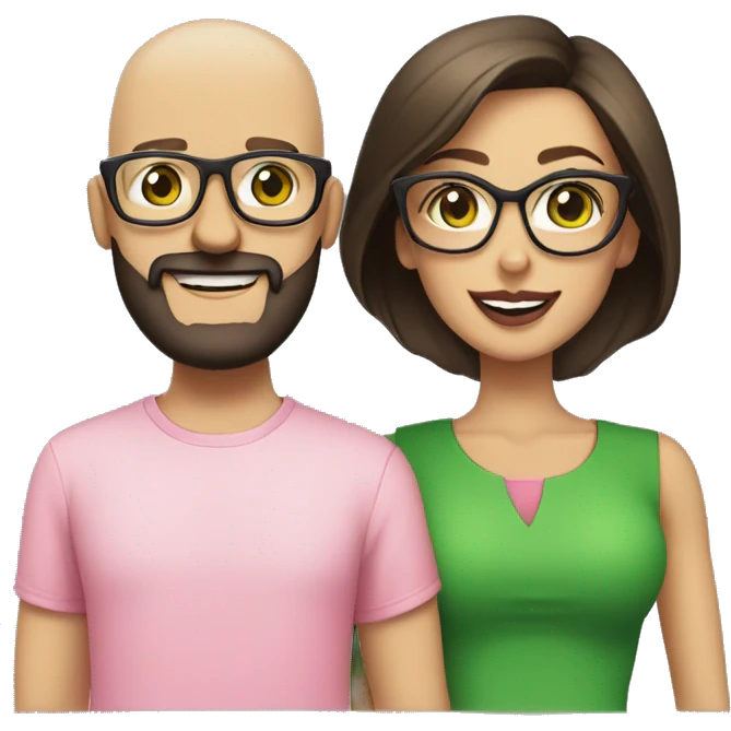 a couple, a brunette woman with green eyes, transparent pink-framed glasses with a black t-shirt and big lips next to a bald man, green eyes, beard, nice smile and cream blouse emoji