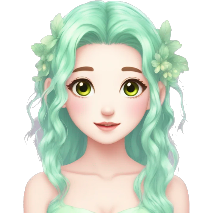 Gorgeous Beautiful Blushing Petite Pastel-Fairy-Anime-Green-Pastel-Girl with beautiful gradient pastel hair aesthetic emoji