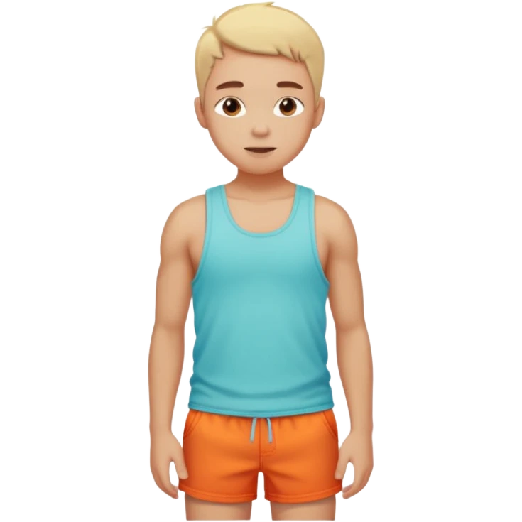 Emoji-style person in beach shorts with sunburned shoulders and chest, tank top outline, cute rounded features, soft shading, vibrant colors emoji