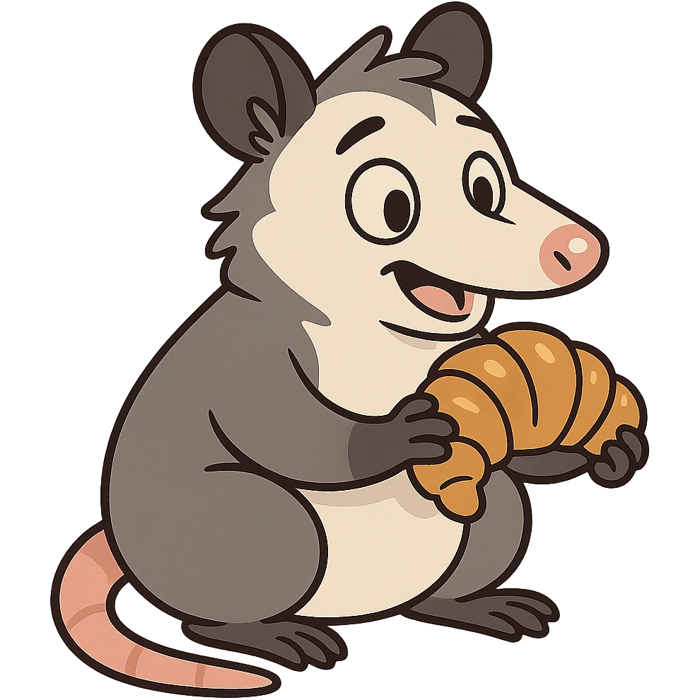 cute cartoon possum holding a croissant emoji