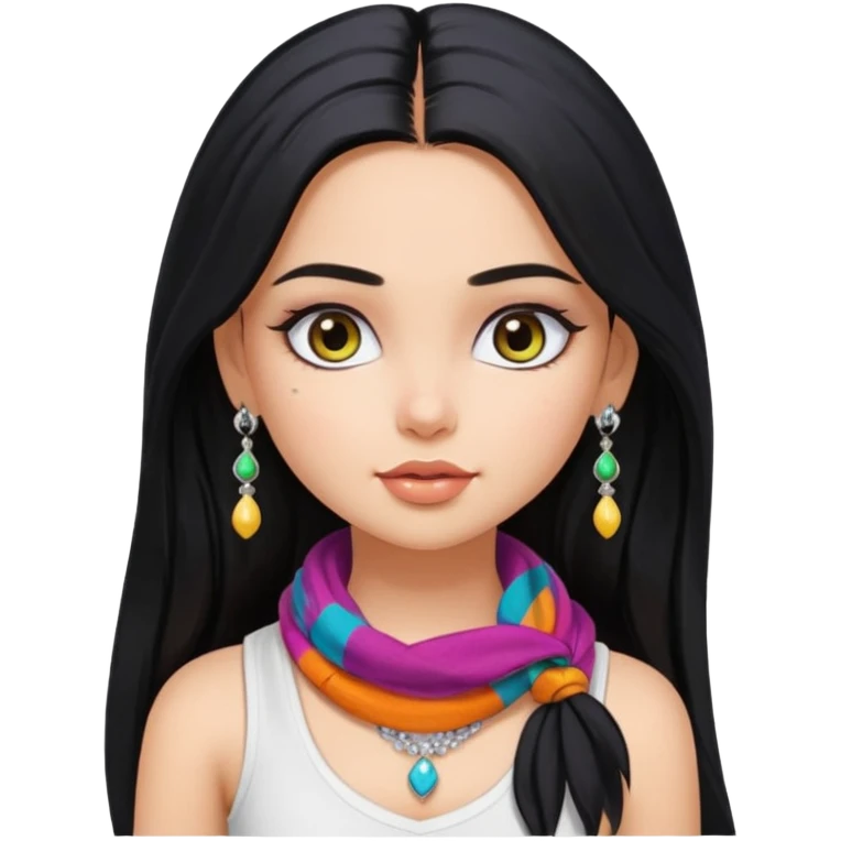a pretty bratz girl with long black hair, kajal under eyes, small silver jhumkas. White tank top on. Colourful scarf around neck emoji