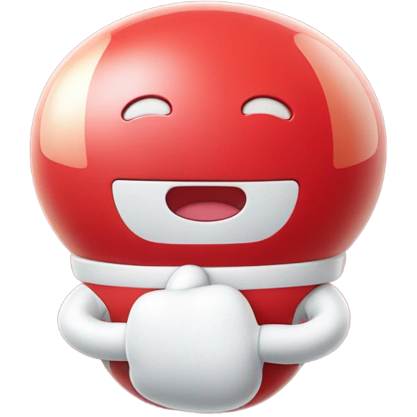 Very shiny full body character with pill capsule head with puffy body and welcoming waving Mickey Mouse arms braun Japanese inspired Anpanman with big boots and antennae red and white colors only emoji