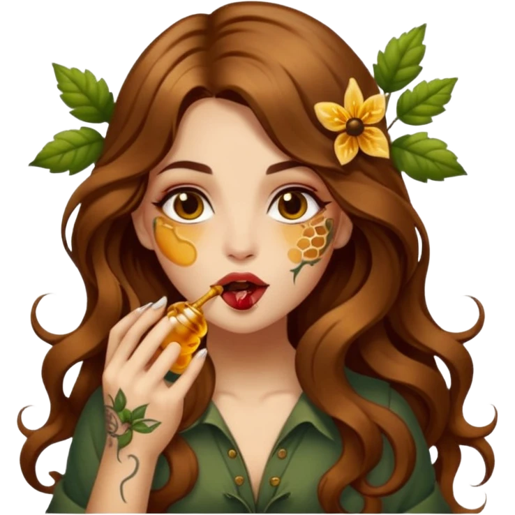 forest mystic woman long wavy brown hair tattoos licking honey from finger flirty emoji
